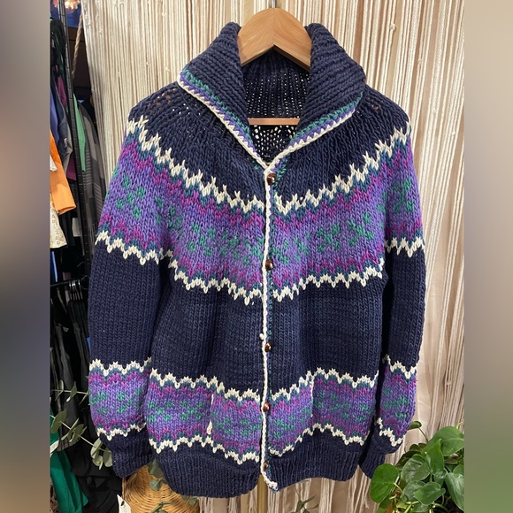 vintage hand-knit chunky wool cardigan sweater Fair Isle pattern blue teal - Picture 15 of 15